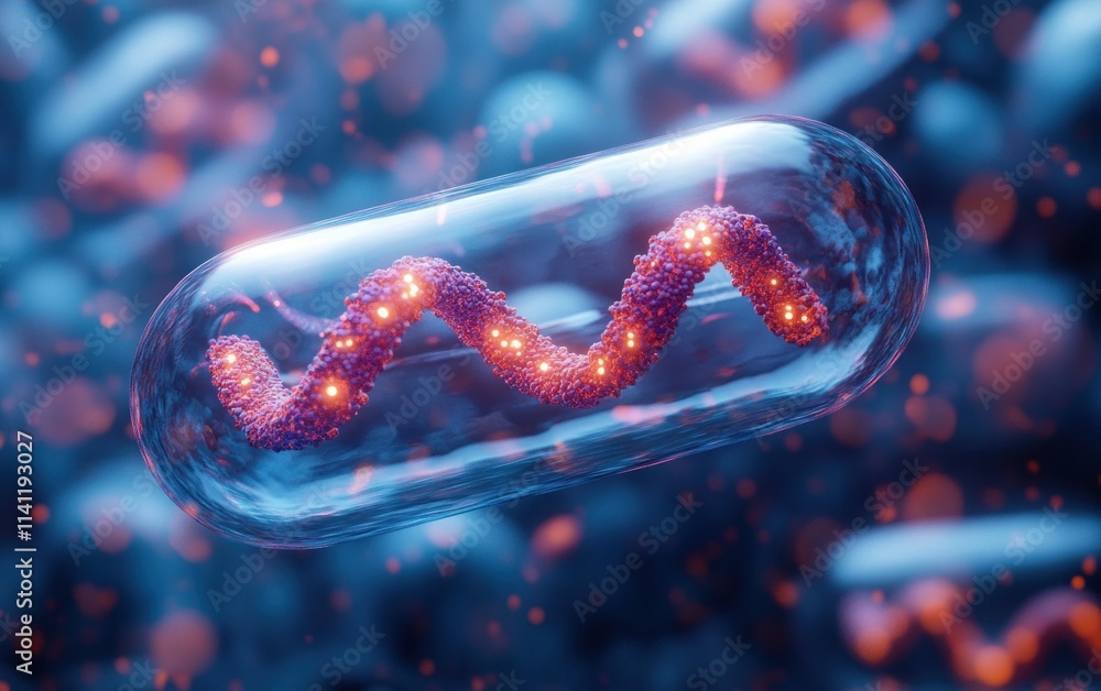 Poster 3d rendering of dna strand in transparent capsule surrounded by colorful cells