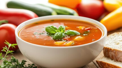 Italian food Fresh Vegetable Soup in White Bowl Surrounded by Colorful Peppers and Herbs