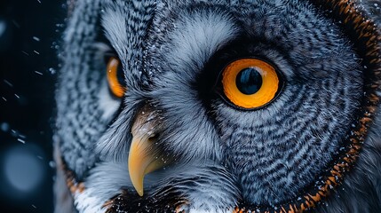 A close-up portrait of a Great Grey Owl with piercing yellow eyes. The owl's face is covered in fine