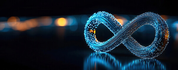 Fiber optic reliability concept. Swirling fiber optic lights in the shape of infinity, symbolizing limitless possibilities and unyielding reliability