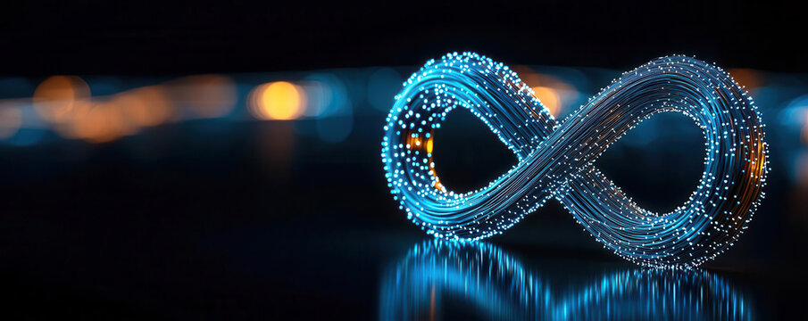 Fiber optic reliability concept. Swirling fiber optic lights in the shape of infinity, symbolizing limitless possibilities and unyielding reliability