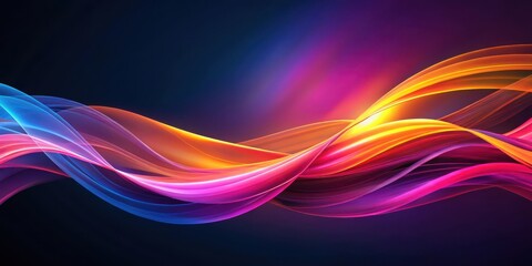 Naklejka premium Abstract background with flowing ribbons of pink, orange, yellow, blue, and purple on a dark backdrop , flowing, wave, ribbons, color