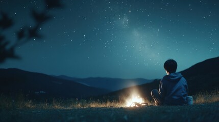 Obraz premium 澄んだ夜空の下でキャンプファイヤーをしながら星空観察アドベンチャー