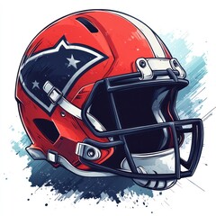 A stylized illustration of a football helmet featuring a dynamic design and vibrant colors.