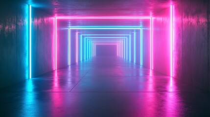 Futuristic neon tunnel with pink and blue glowing lines.
