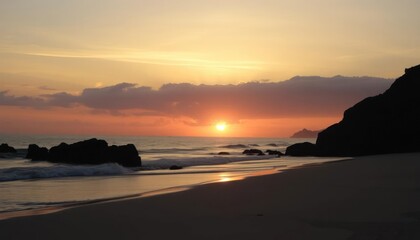 Fototapeta premium A serene beach at sunset, capturing the tranquil beauty of nature's transition.