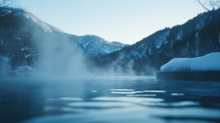 霧のかかった山々の景色を眺めながら静かな冬の温泉