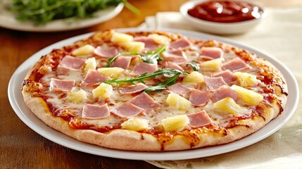 italian food Delicious Hawaiian Style Pizza with Ham, Pineapple, and Fresh Arugula on a Wooden Table