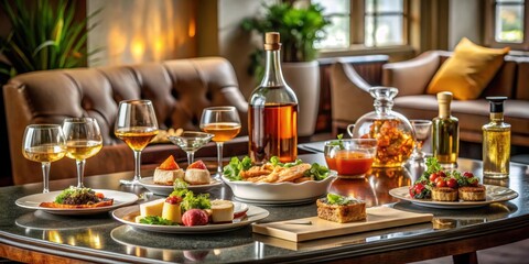 A luxurious table setting with an assortment of gourmet food, drinks, and a bottle of liquor , banquet, feast