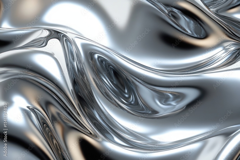 Poster metallic chrome ripples shiny silver fluid texture reflective design dynamic curves high contrast ba