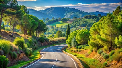 Obraz premium Scenic asphalt road winding through lush Catalan countryside surrounded by green vegetation, Catalonia, Spain, road trip