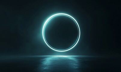 Glowing neon circle on reflective surface.