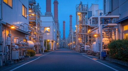 Illustration of a factoryâ€™s exterior view, with an intricate maze of pipes and ducts leading to large industrial buildings, all framed by towering smokestacks, emphasizing industrial design.