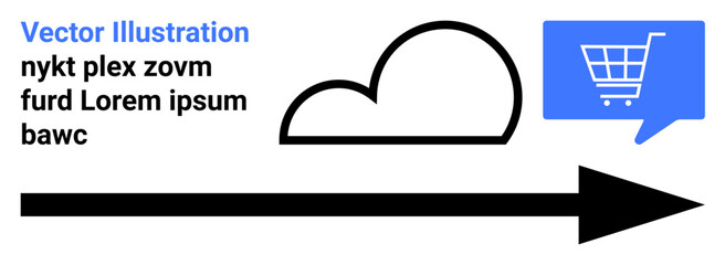 Cloud outline, right-pointing arrow, blue speech bubble with shopping cart. Ideal for online shopping, cloud computing, digital marketing, e-commerce, internet services, tech navigation, web design