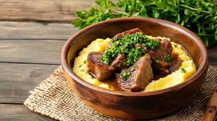 Delicious Slow Cooked Meat Served on Creamy Polenta with Fresh Herb Topping Italian food