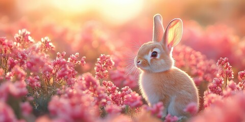 Fototapeta premium Adorable Bunny Rabbit in a Pink Flower Field at Sunset