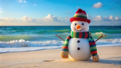 Snowman in hat and scarf enjoying the beach with blurred sea background, snowman, beach, hat, scarf, cute, winter, holiday