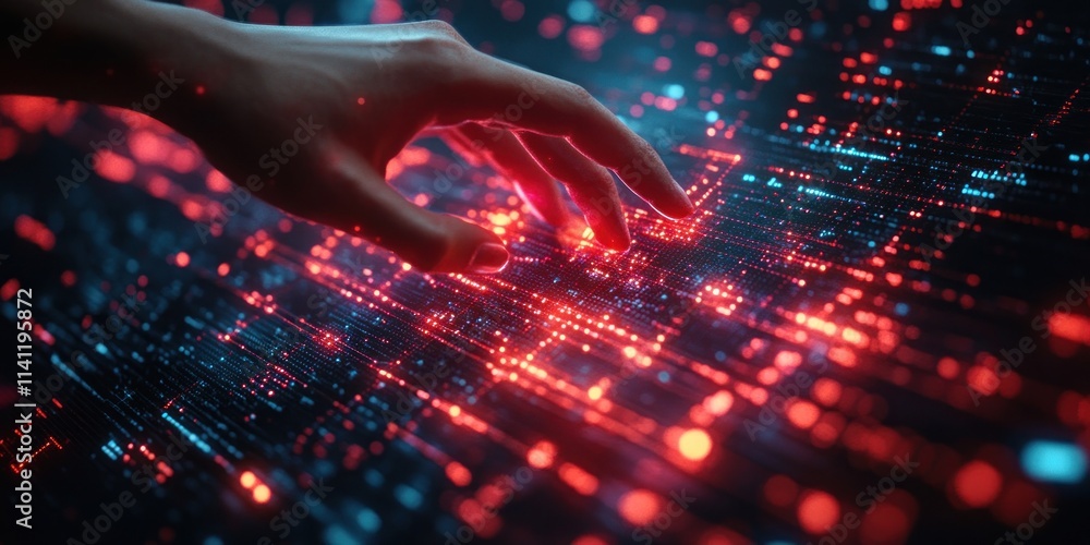 Aufkleber futuristic digital interface with financial graphs and businessman touching investment market data