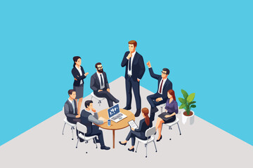 Strategic Vision, Collaborative Brainstorming Session with Business Leaders and Colleagues in an Isometric Perspective