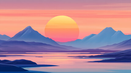 A beautiful sunrise over a serene landscape, symbolizing a fresh start. the image could feature soft, warm colors with light breaking over mountains or a peaceful beach. Dawn. Illustration