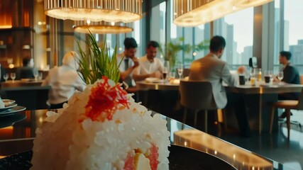 Fine dining experience in a modern restaurant with sushi and city skyline view during dinner hours