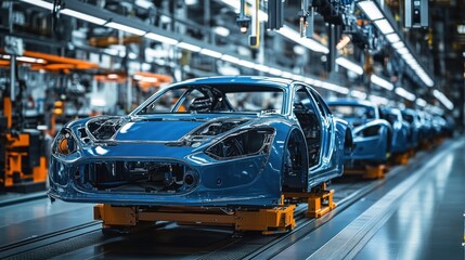 Modern Car Manufacturing Facility with Sleek Blue Car Frames on Assembly Line in High-Tech Industrial Environment