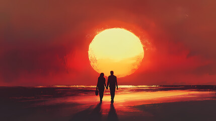 A couple walking hand in hand on a beach, the setting sun painting the sky in a breathtaking palette of warm colors, their silhouettes outlined against the fading light. Dawn. Illustration