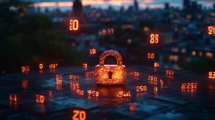 A glowing padlock surrounded by floating binary digits, symbolizing the protection of online transactions and data security in a minimalist design.