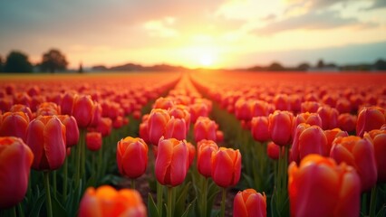 field of tulips at sunset