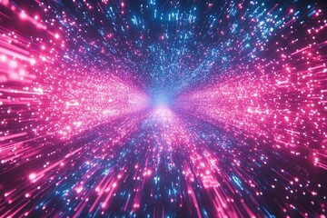 Obraz premium Neon pink and blue particles hyperspace tunnel.