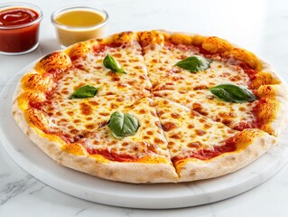 italian food Freshly Baked Margherita Pizza Topped with Basil Leaves and Side Sauces on White Plate
