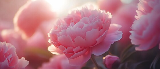 Fototapeta premium Pink peonies blooming in soft sunlight.