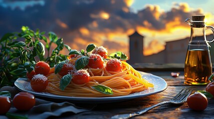 italian food Bright and Colorful Plate of Spaghetti with Tomatoes and Basil at Sunset