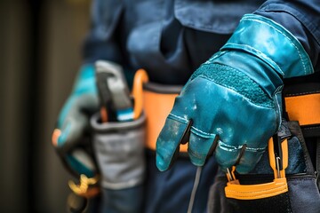 Skilled worker dons gloves and adjusts tools for an upcoming construction project outdoors. Generative AI