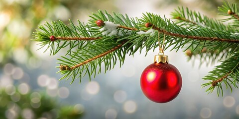 Festive Christmas ornaments hanging from a pine branch, Christmas, ornaments, decorations, festive, holiday, winter, pine, branch