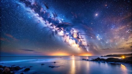 Starry night sky with Milky Way galaxy above calm ocean , stars, night, sky, galaxy, Milky Way, ocean, water, calm