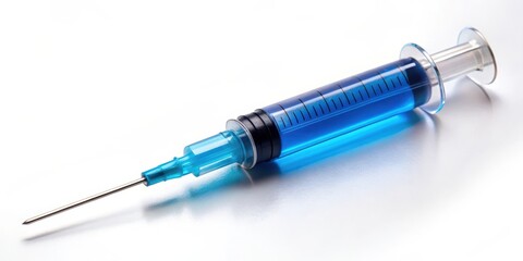 Disposable syringe filled with blue liquid medicine on background, syringe, injection, needle, blue
