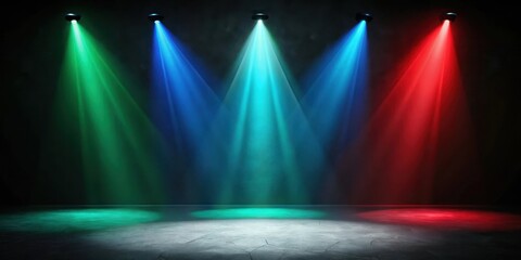 Blue, red, and green spotlights shining on a stage floor in a dark room , spotlights, stage, floor, dark, room, background