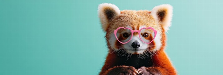 Cute and Playful Red Panda Wearing Heart Sunglasses on Soft Pastel Green Background for Valentine's Day Celebrate Card Fun and Trendy Animal Concept