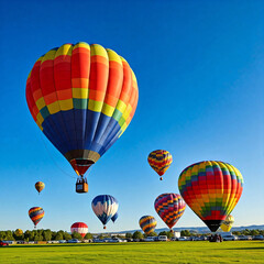 Obraz premium A field filled with brightly colored hot air balloons taking off against a clear blue sky