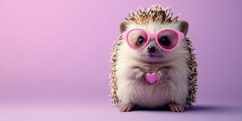 Obraz premium Adorable Chubby Hedgehog hold Pink Heart and Pink Sunglasses for Valentine's Day Banner Celebrate Card
