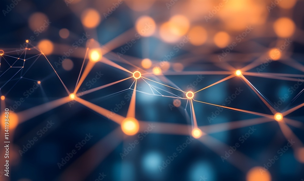 Poster glowing network with connected nodes in a blurred background.