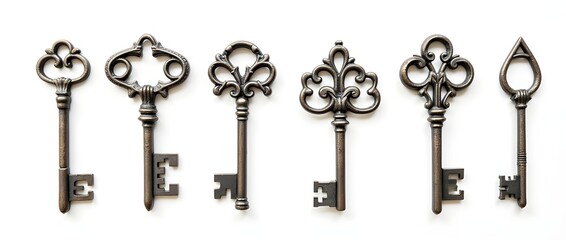 Set of old iron keys with decorative designs. white background.