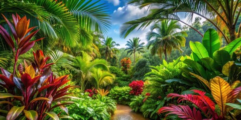 Fototapeta premium Tropical setting with lush and colorful foliage, tropical, vibrant, colorful, foliage, exotic, leaves, jungle, paradise