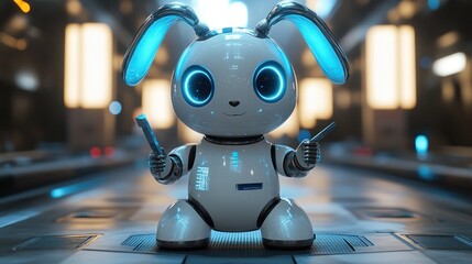 A cute robotic bunny with blue glowing features, holding tools in a futuristic setting.