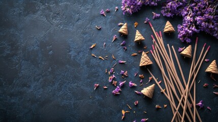 Obraz premium Variety of cone-shaped incense sticks and dried violet flowers on a dark background. Health care concept. 