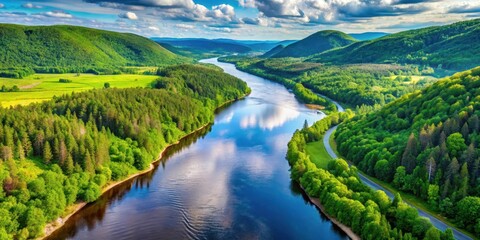 Naklejka premium Aerial view of The Malbaie River surrounded by lush greenery in Quebec, Canada, river, Malbaie River, aerial view, Quebec