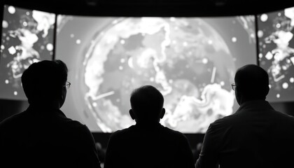 Three silhouettes watching a cosmic display on a large screen.