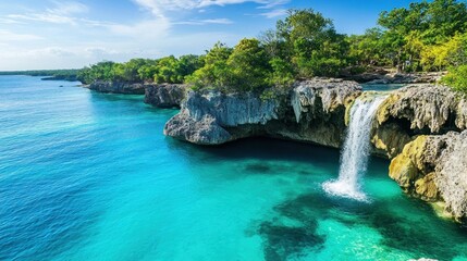 Tropical Waterfall Cascades into Turquoise Ocean Waters
