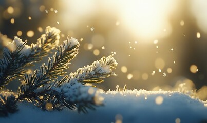 Snowy pine branch in warm winter sunlight.